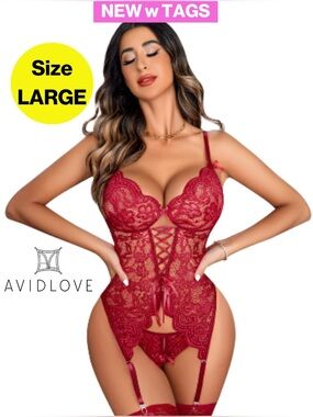 2/for $20 🪩 AVIDLOVE Wine Red Lace Lingerie Set w/ Garter Belts (Size Large)